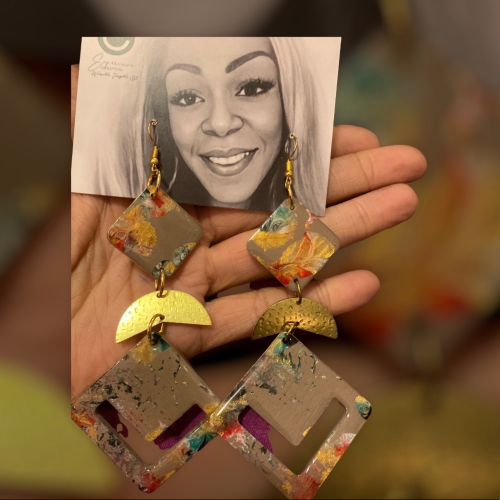 NWOT handcrafted wood and resin earrings with brass accents.